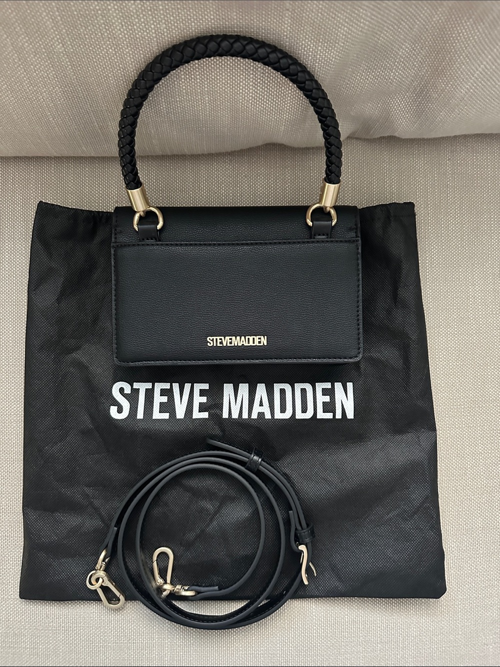 Steve Madden Black Braided-Handle Crossbody Bag with Gold Hardware